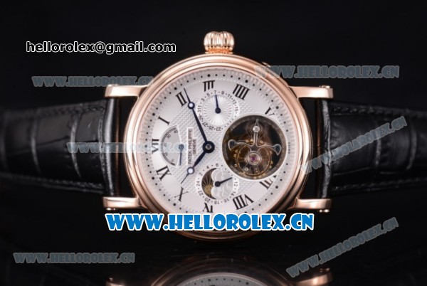 Patek Philippe Grand Complication Swiss Tourbillon Automatic Rose Gold Case with White Dial Black Leather Strap and Roman Numeral Markers - Click Image to Close